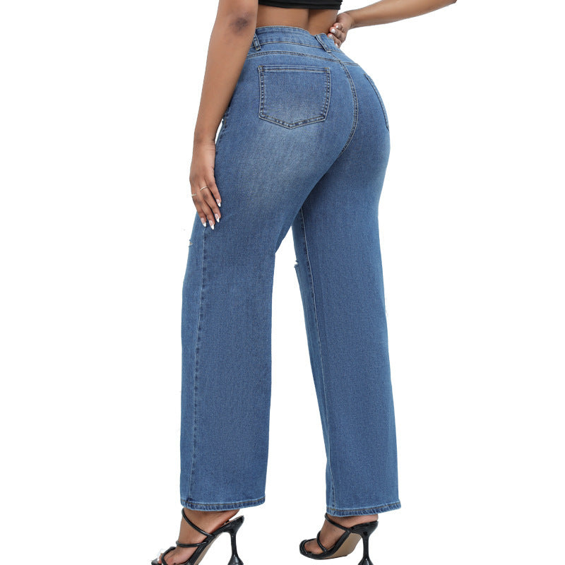 Jeans Elegantes de Pierna Ancha para Mujer: Rotos y con Estilo para un Look Moderno y Confortable