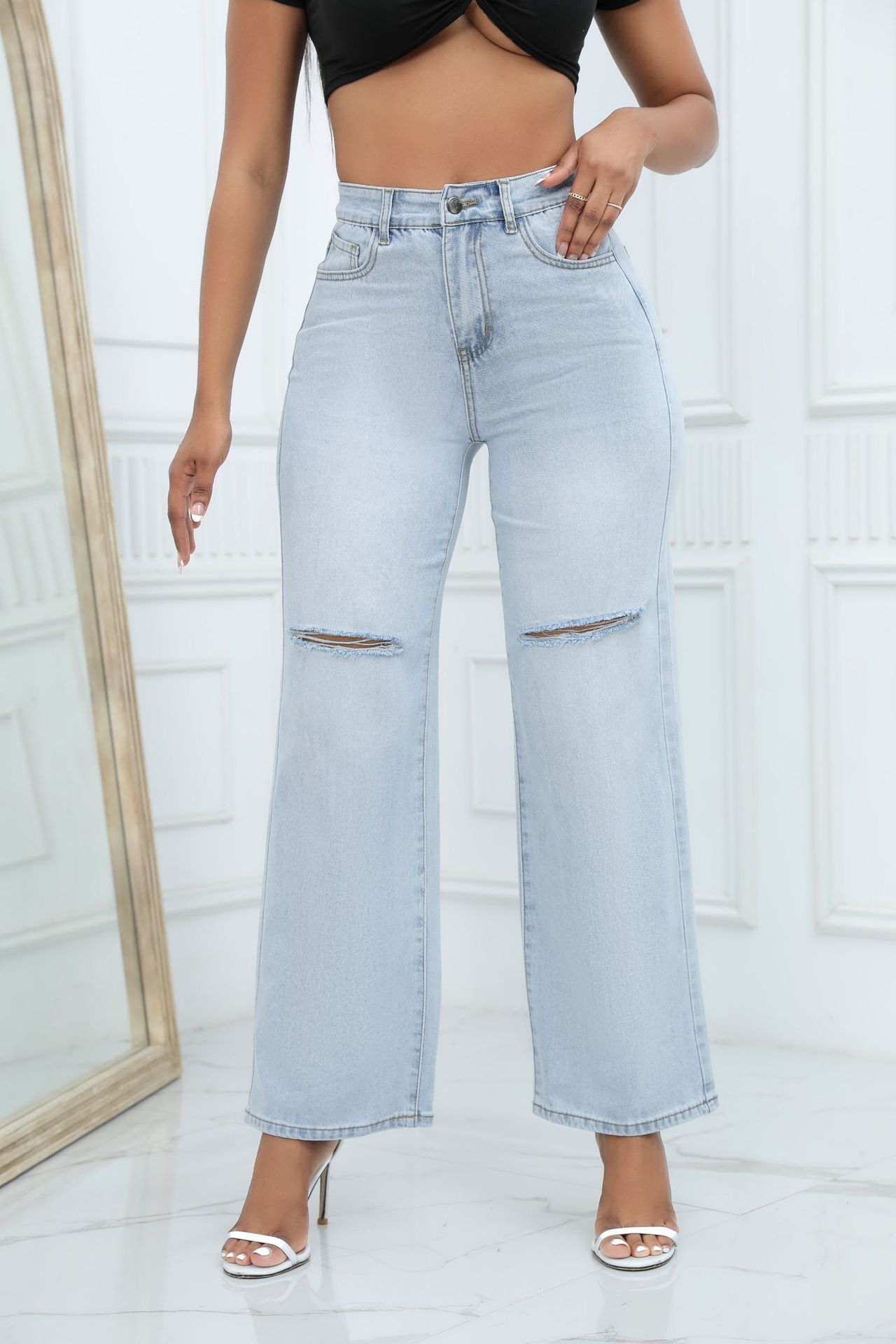 Jeans Elegantes de Pierna Ancha para Mujer: Rotos y con Estilo para un Look Moderno y Confortable