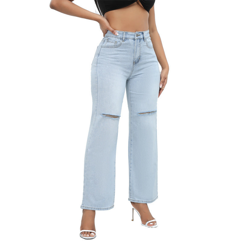 Jeans Elegantes de Pierna Ancha para Mujer: Rotos y con Estilo para un Look Moderno y Confortable