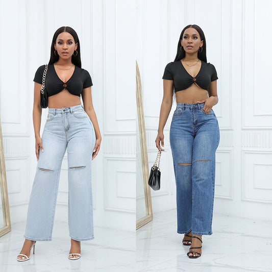 Jeans Elegantes de Pierna Ancha para Mujer: Rotos y con Estilo para un Look Moderno y Confortable