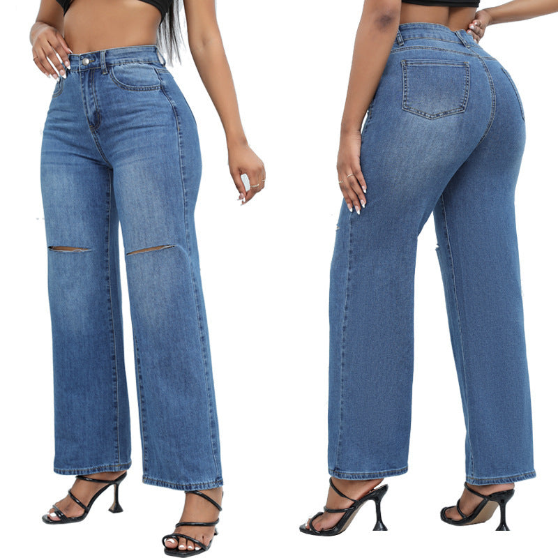 Jeans Elegantes de Pierna Ancha para Mujer: Rotos y con Estilo para un Look Moderno y Confortable