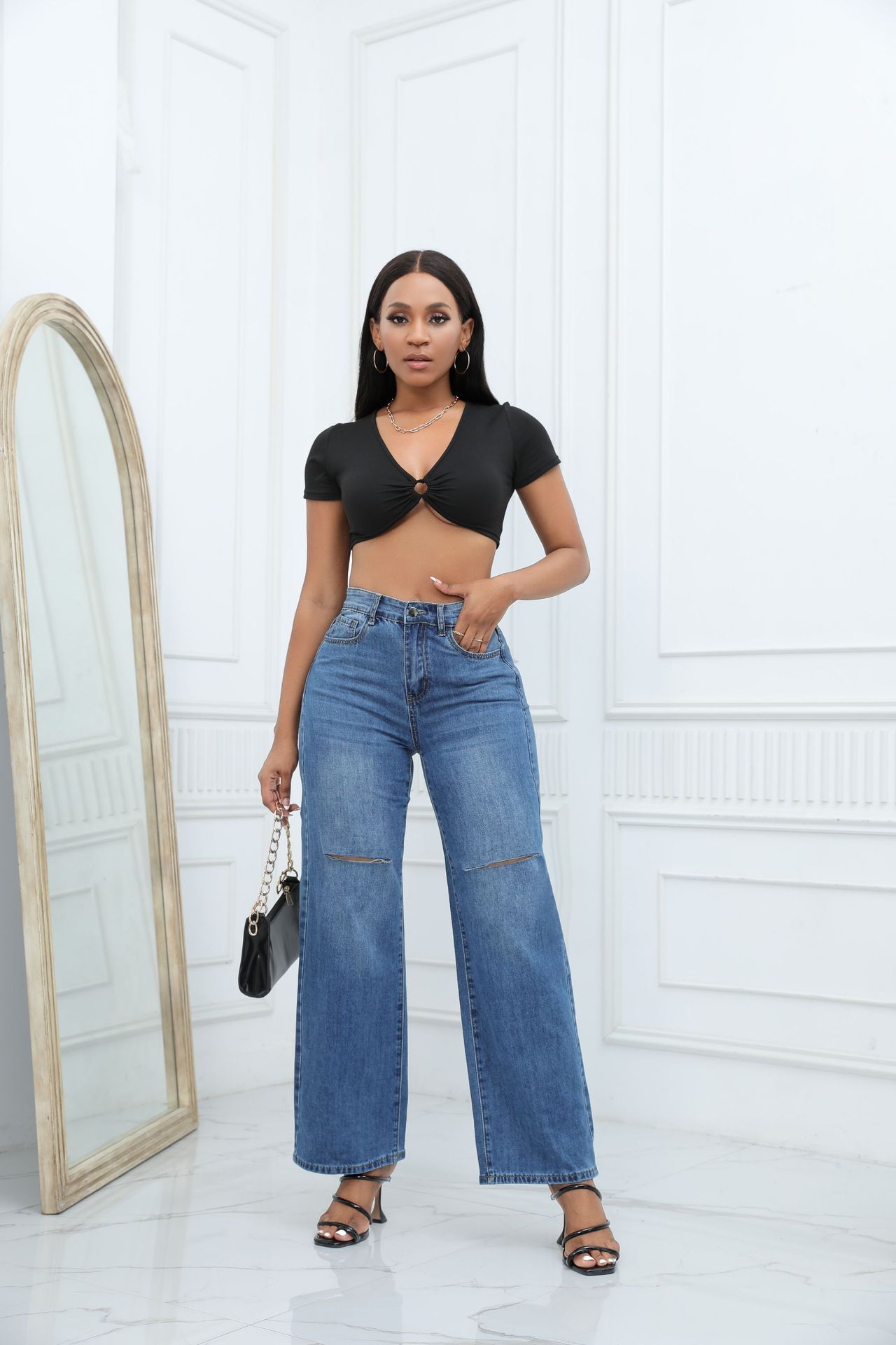 Jeans Elegantes de Pierna Ancha para Mujer: Rotos y con Estilo para un Look Moderno y Confortable